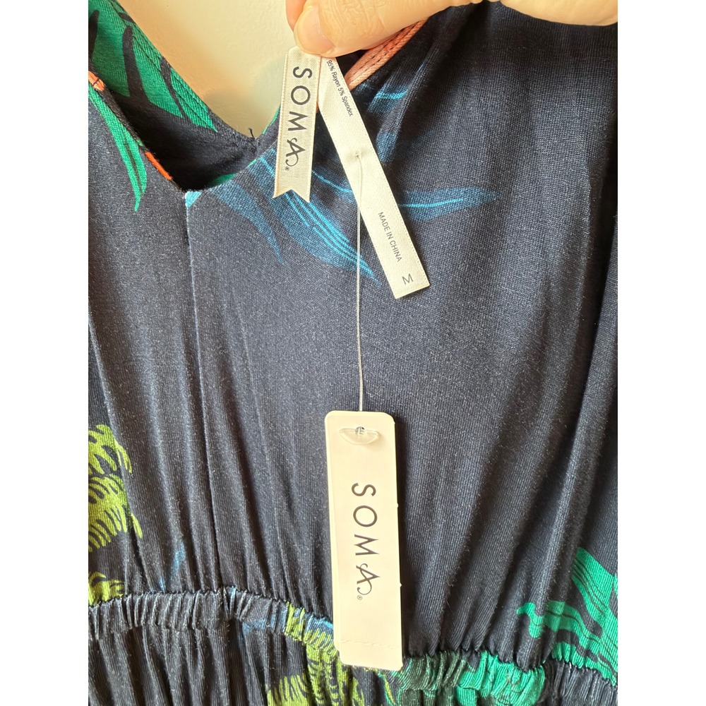 Soma Tropical Floral V-Neck Midi Dress Women Size M Navy Blue Resortwear Boho - Picture 3 of 6